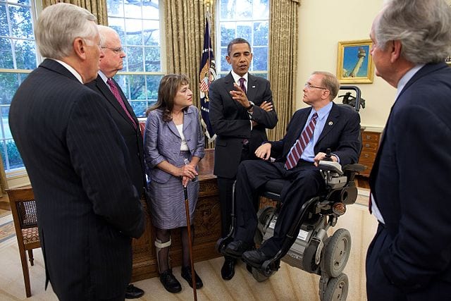 Barack Obama talks with, from left, Steny Hoyer,_ ames Sensenbrenner, Cheryl Sensenbrenner, James Langevin in the Oval office.