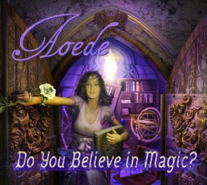 Cover of Aoede's album Do you believe in magic. Female figure coming out of a door backlit with purple